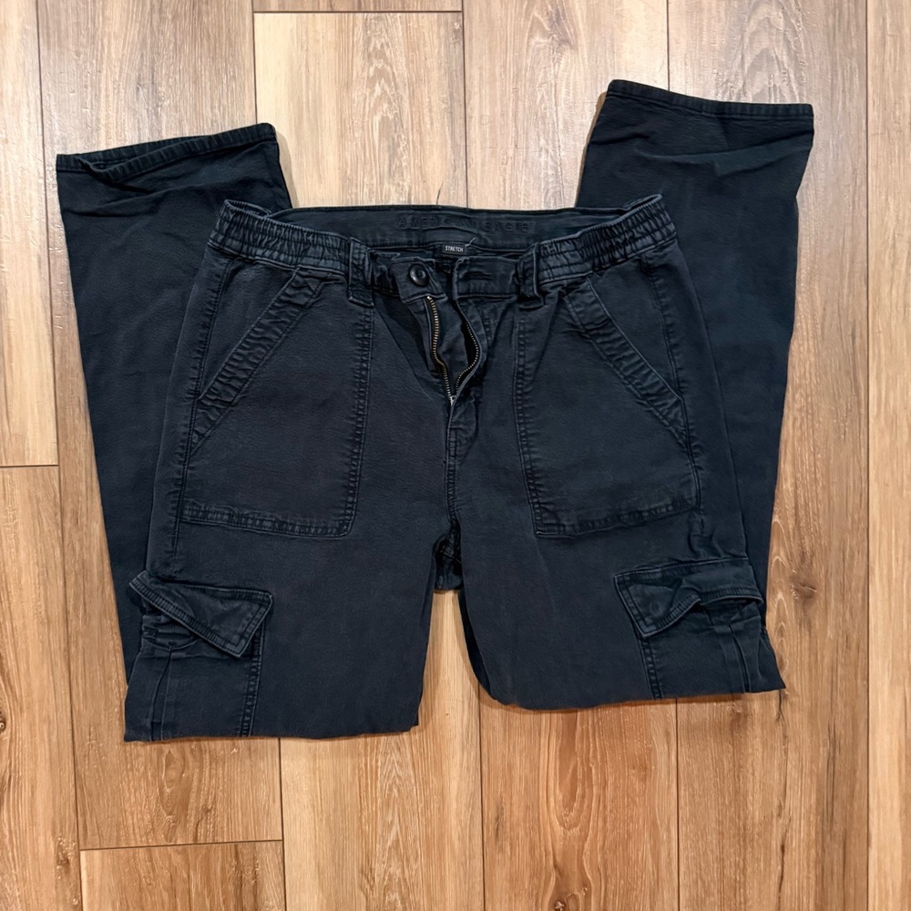 American Eagle Stretch Cargo Pants Black Utility Straight Leg Size 12